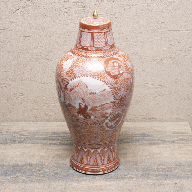 日本 磁器 福島武山 赤繪菊慈童文九谷焼沈香壺