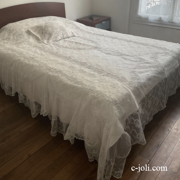 パリ発送】B1679 フランスアンティークレースベッドスプレッド/ベッド
