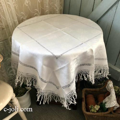 T-895 フランスアンティークリネンテーブルクロス フリンジ付き