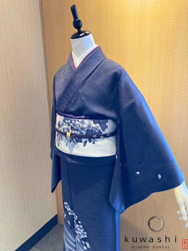 正絹訪問着レンタル】10011 墨桜流水正絹訪問着 共染袋帯フル