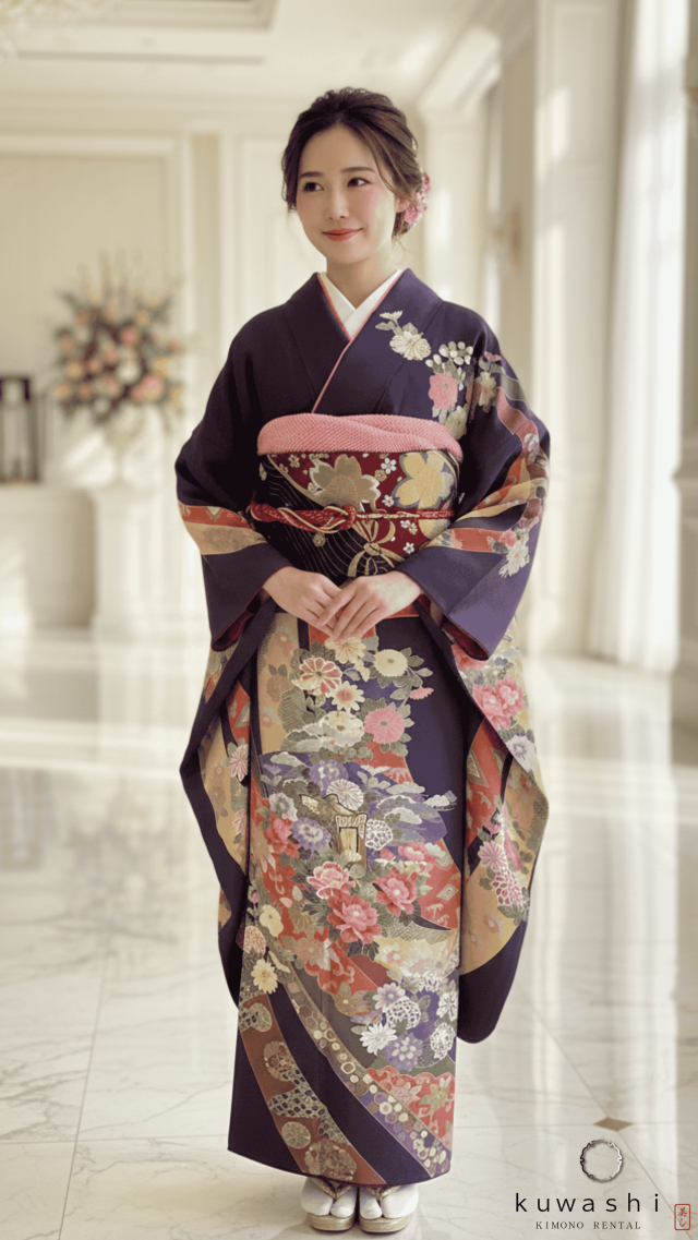 正絹振袖レンタル】 80013 深紫熨斗目彩花正絹振袖袋帯セット