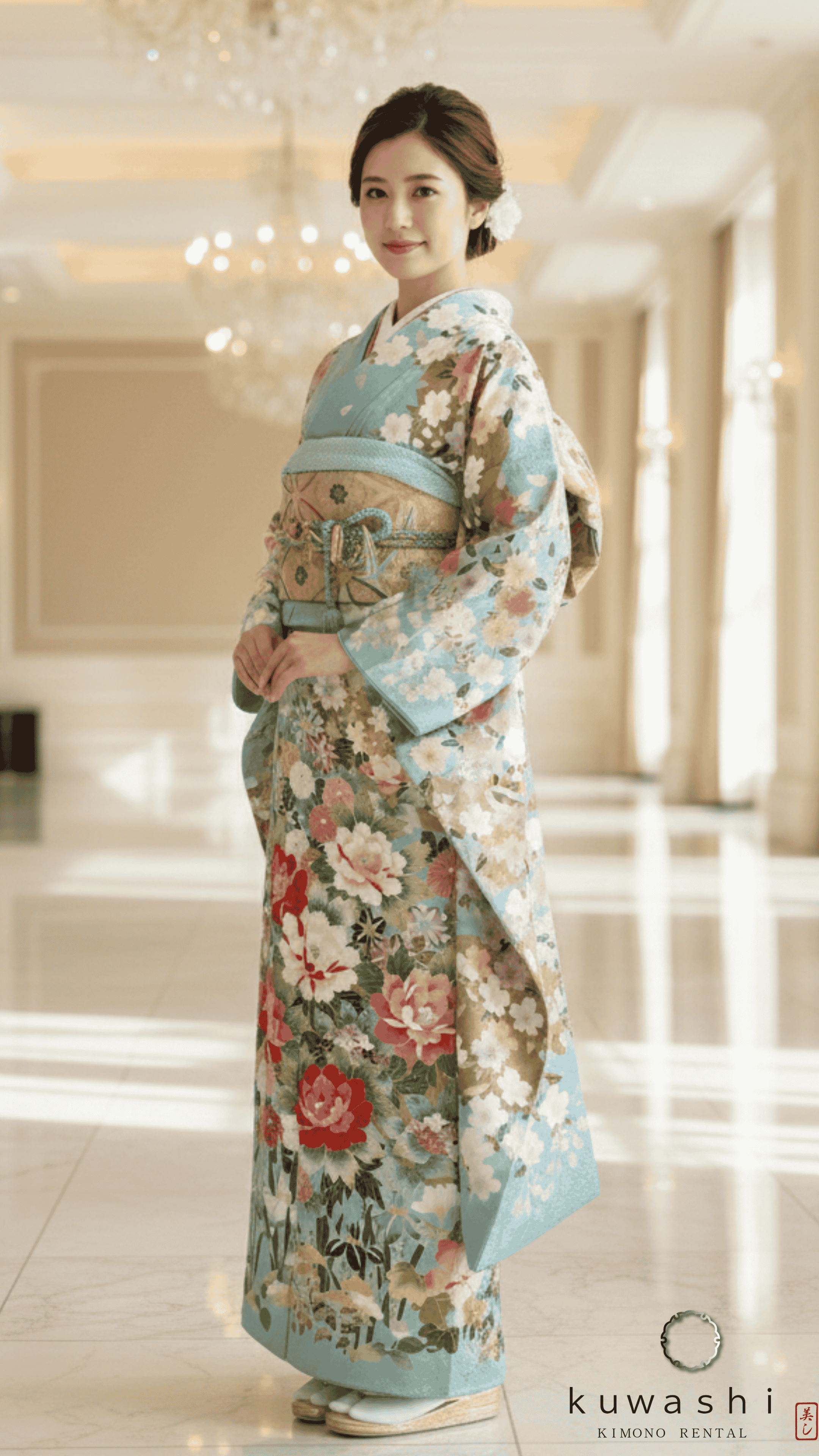 正絹振袖レンタル】 80002 ライトブルー百花爛漫地紋金箔振袖袋帯