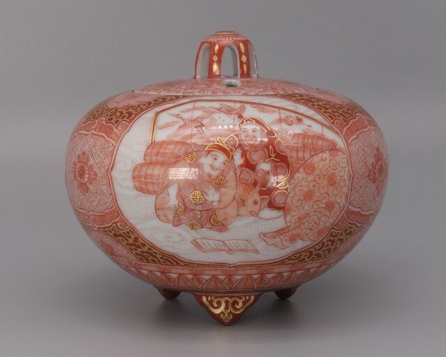 福島武山 九谷佐野窯 赤絵江戸まつり之図 飾り壺 赤絵細描 福島武山