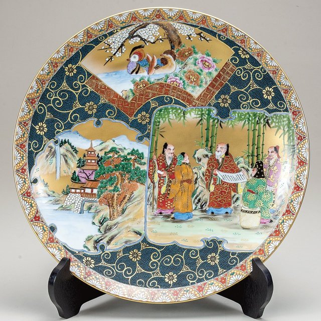 九谷焼ギフト ご贈答品 御祝い九谷焼15号飾皿 本金青粒割取（皿立付