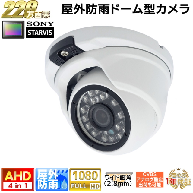 防犯カメラ 屋外防雨ドーム型監視カメラ 220万画素 AHD・アナログ出力可能
