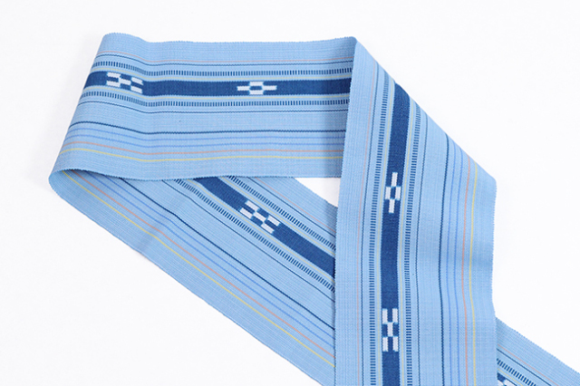 沖縄 伝統的工芸品 八重山ミンサー 木綿 半幅帯 水色×青