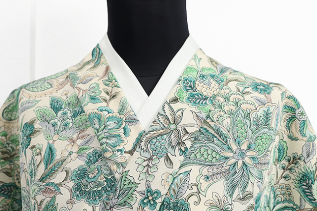 正絹 着物 小紋 江戸本更紗 浜ちりめん 更紗 ベージュ×緑