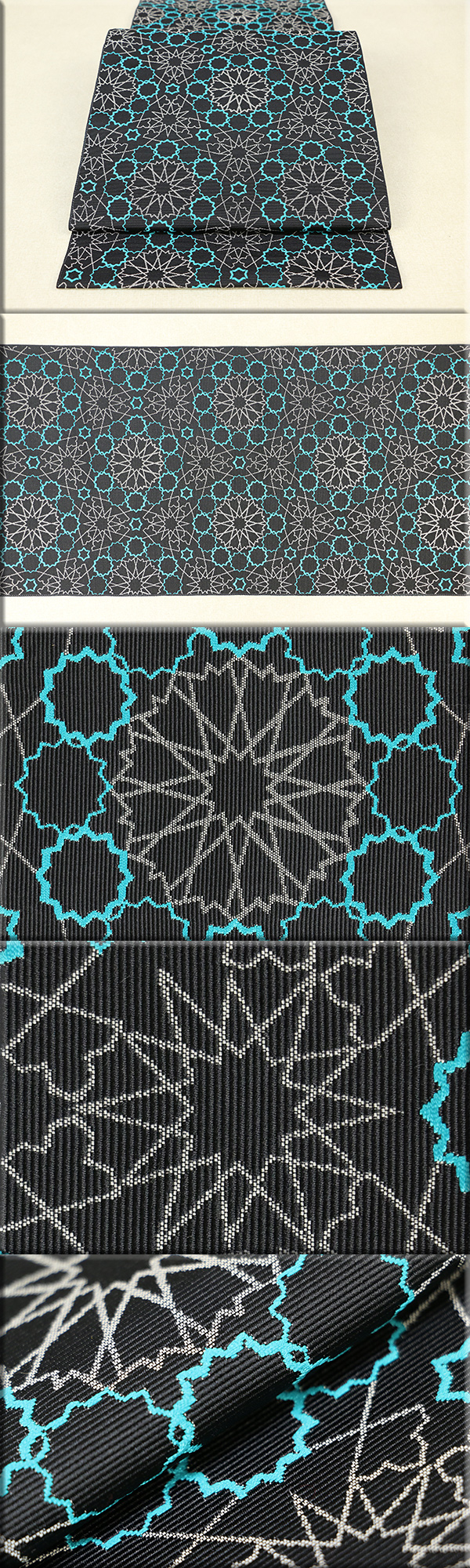 博多帯 正絹 八寸名古屋帯 全通 お仕立付き 幾何学模様 黒x緑