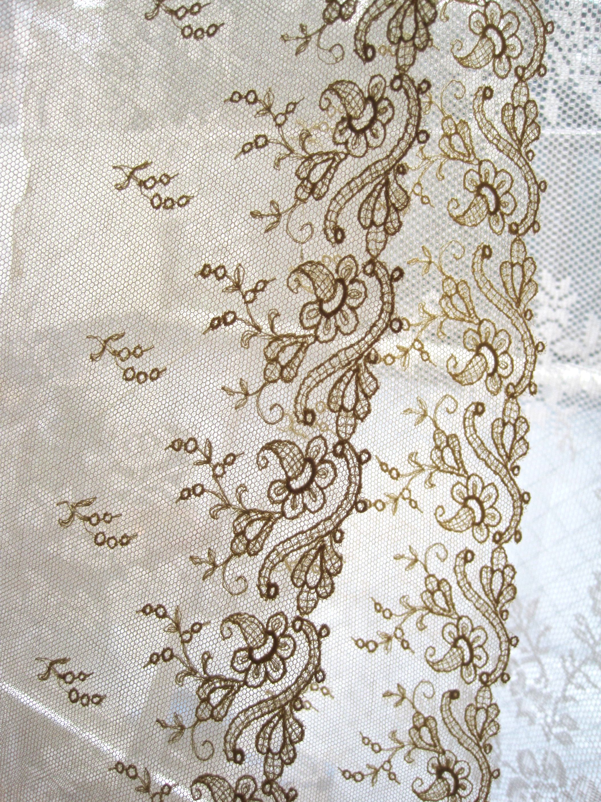 フランスアンティーク,チュールレー,ス刺繍エクリュ,幅広,花モチーフ