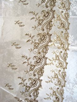 フランスアンティーク,チュールレー,ス刺繍エクリュ,幅広,花モチーフ