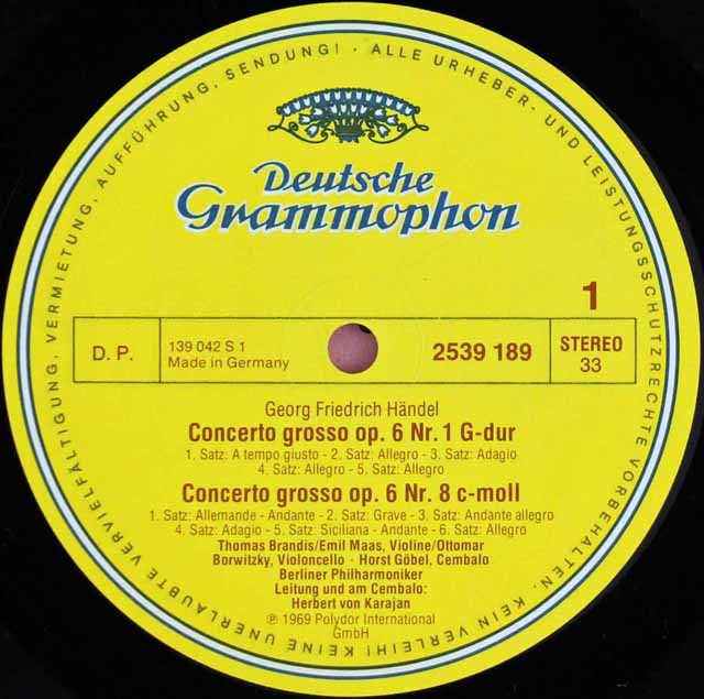 LP レコード カラヤンのヘンデル/合奏協奏曲作品6より vol.1 独DGG 2997