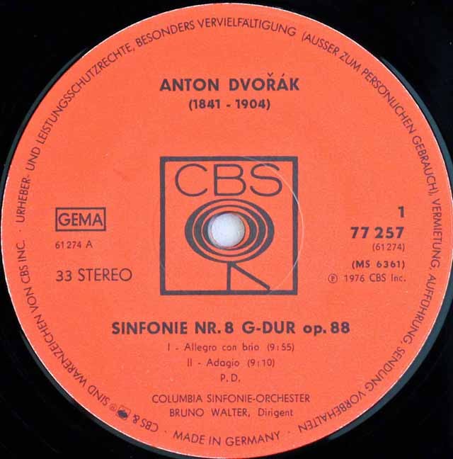 LP レコード ワルターのドヴォルザーク/交響曲第8、9番「新世界より