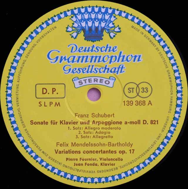 LP レコード フルニエのシューベルト/アルペジョーネソナタほか 独DGG 3201