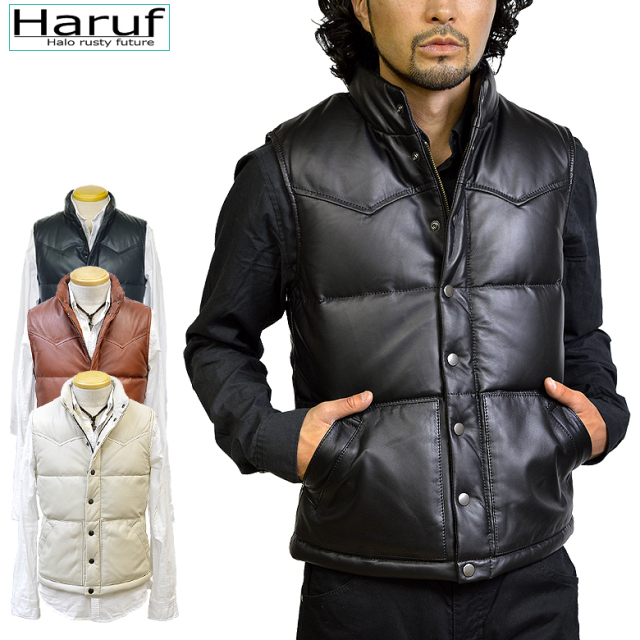 本革 ヨークダウンベスト メンズ ブランド レザーベスト ラムレザー 革