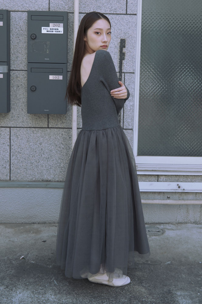 HONEY MI HONEY｜リブニットボリュームチュールワンピース｜異素材