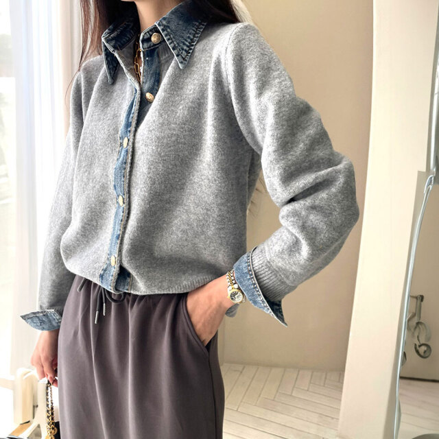 newデニム切替ニットカーディガン