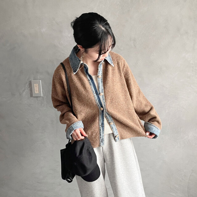 newデニム切替ニットカーディガン