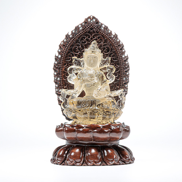 水晶彫刻 観音様 （天然シトリン） 木製台付 No.76 | 神棚・神具の製造