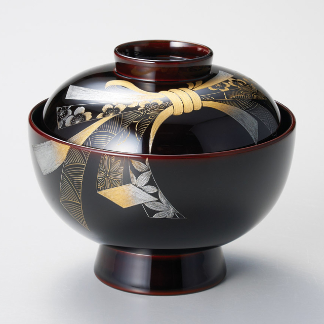 雑煮椀 沈金 のし 溜 漆塗り・木製 漆器の井助