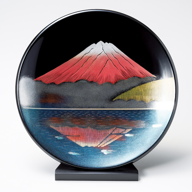 屏風 沈金桜富士 黒朱 木製 漆塗り (製造中止) 漆器の井助