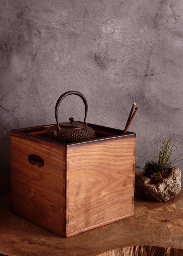 茶釜 置炉 火鉢 木彫 無垢 セット 骨董 時代もの 古道具 アンティーク