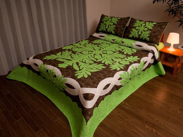 ハワイアンキルトベッドカバー イリマレイ パステルグリーン