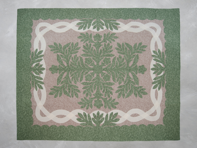 ハワイアンキルトベッドカバー イリマレイ モスグリーン&グレイ