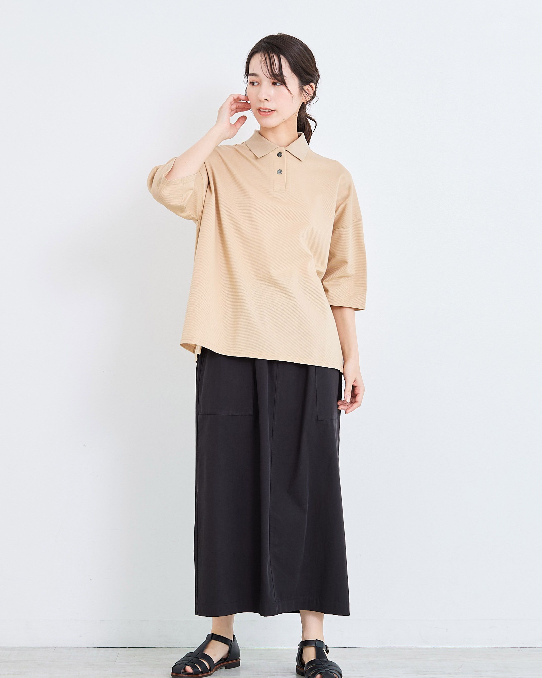 コットンサーフニットポロ衿ワイドプルオーバー