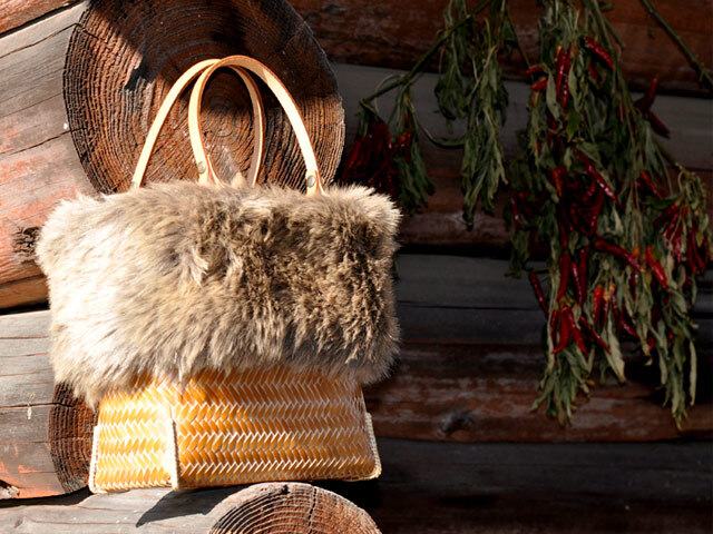 網代編み竹かごバッグS 革手 エコファー付き/取り外し可能/2way