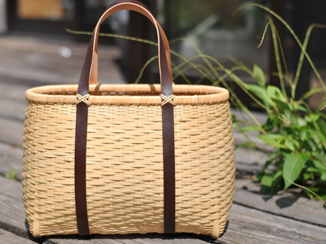 竹かご鞄 大 革手/買い物かご大 革手 －白/竹かご/かごバッグ