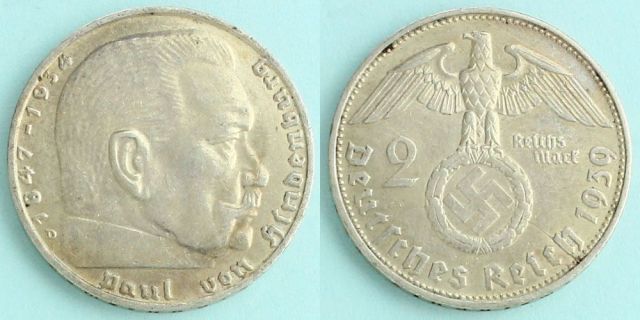 ドイツ第三帝国 1939 2ライヒスマルク銀貨 ハーケンクロイツ