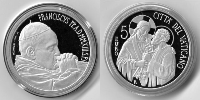 バチカン市国 2013 5ユーロ銀貨 フランシスコ教皇／キリストと聖ペテロ