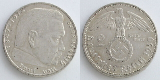 ドイツ第三帝国 1939 2ライヒスマルク銀貨 ヒンデンブルク／ハーケン