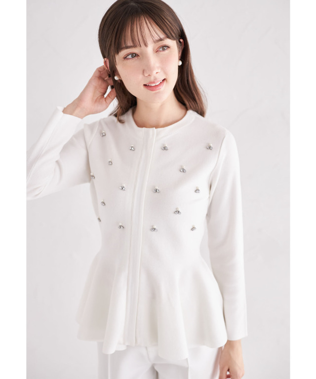 パールビジュー付きペプラムニットプルオーバー