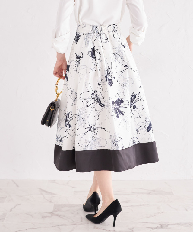 配色フラワープリントフレアスカート
