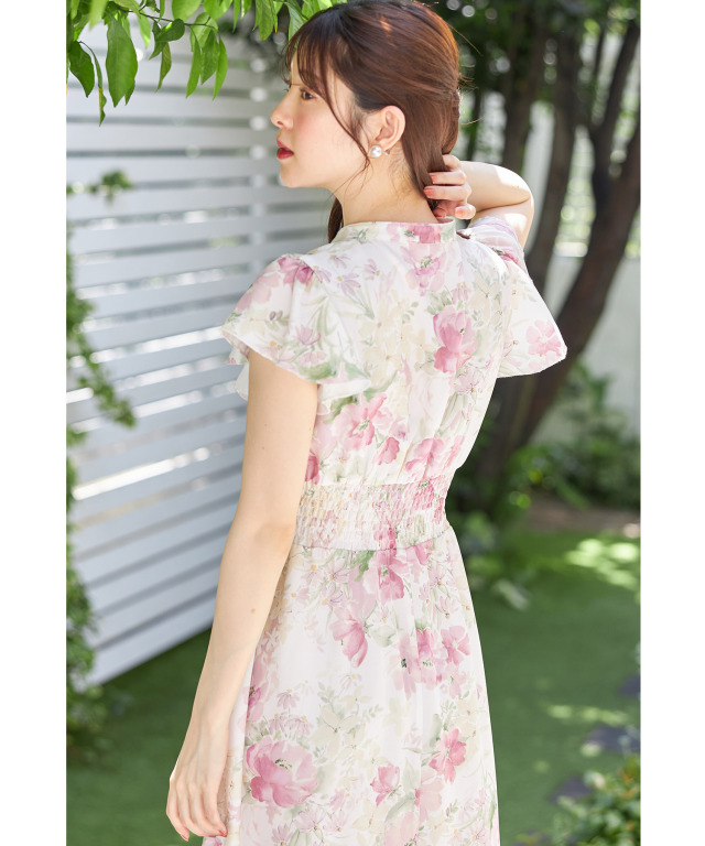 ウエストシャーリングスキッパーフラワープリントワンピース