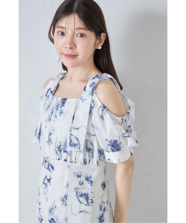 リボン付きオフショルフラワープリントワンピース