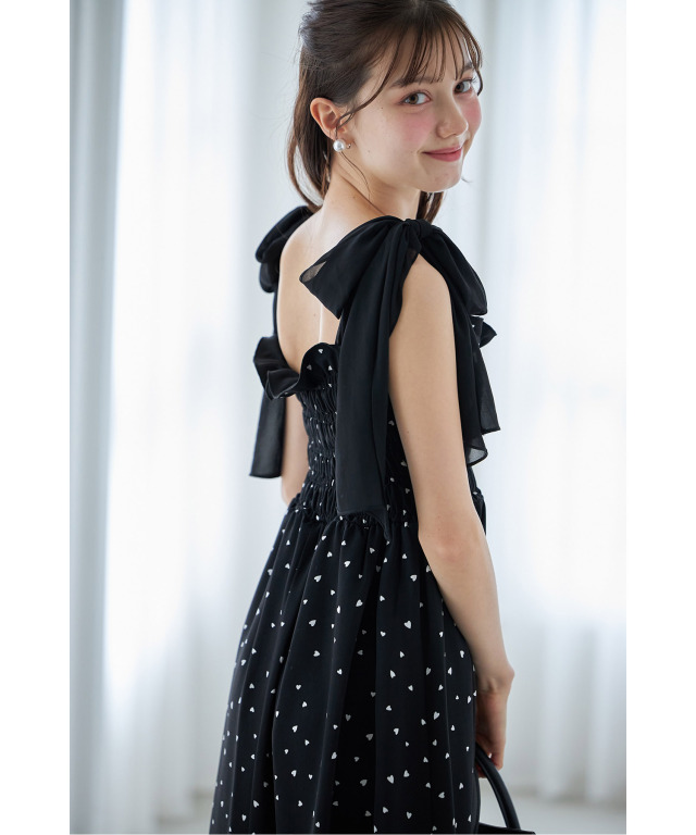 肩リボン付きハートプリントティアードワンピース