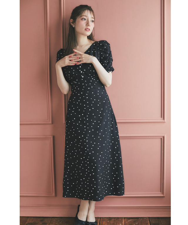 パール付きバックレースアップハートドットワンピース