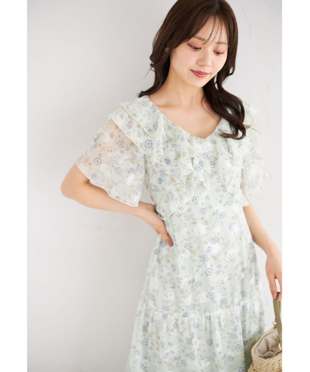 ウエストりぼん付きラッフルフリルフラワープリントティアードワンピース