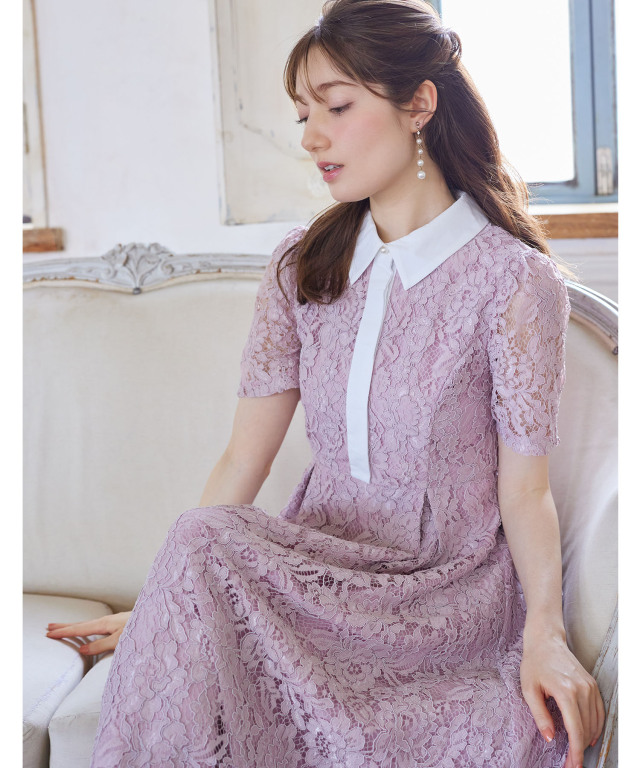 パール釦パネルライン襟付きレースワンピース
