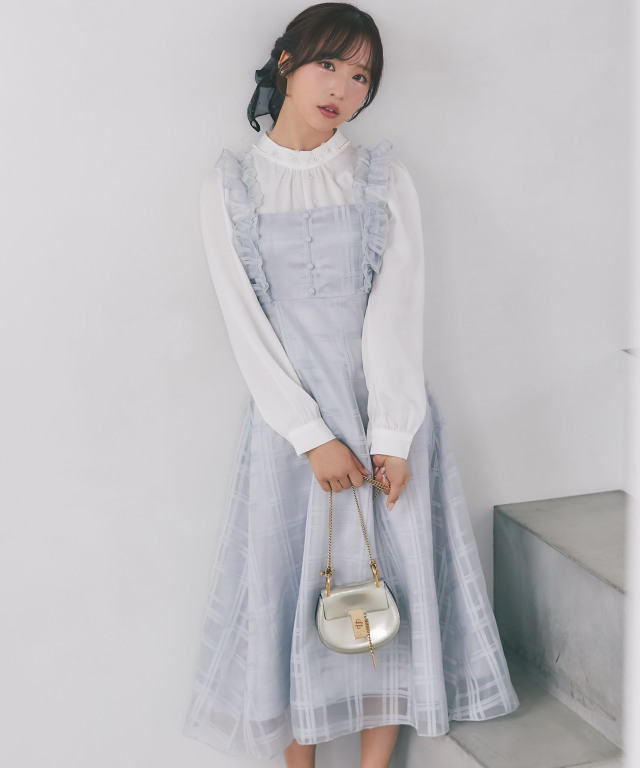 フリル付きバックレースアップシアーチェックワンピース