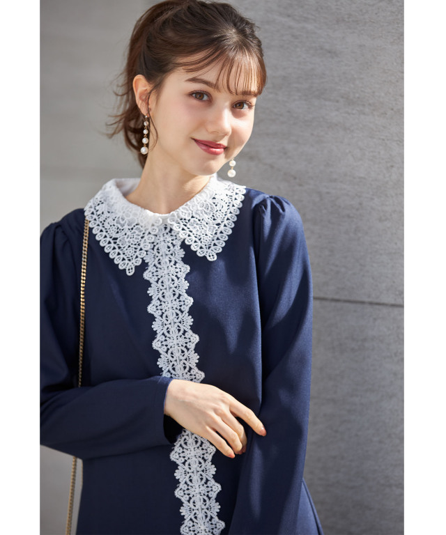 2WAYレース襟付きバイカラーレースワンピース