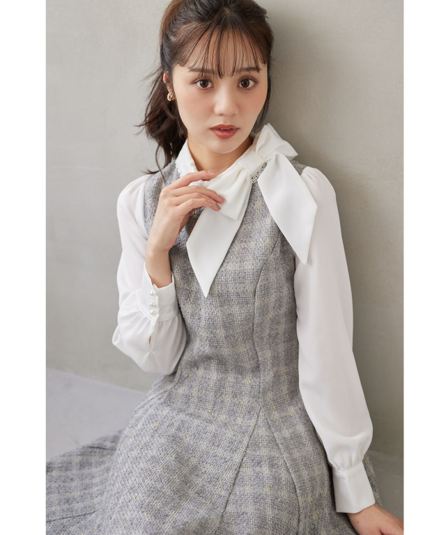 サイドリボン付きツイードドッキングミニワンピース