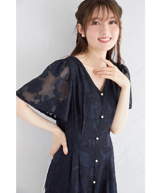 ウエストリボン付きパール装飾シアーフラワージャガードワンピース