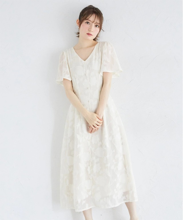 ウエストリボン付きパール装飾シアーフラワージャガードワンピース