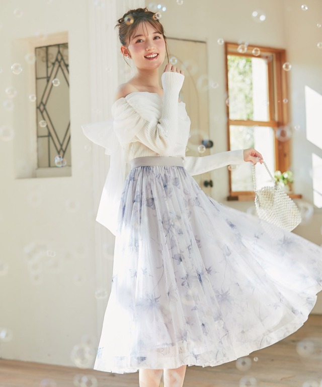 フラワープリントチュールフレアスカート