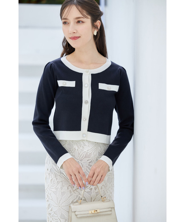 ビジュー装飾バイカラーニットジャケットライクカーディガン