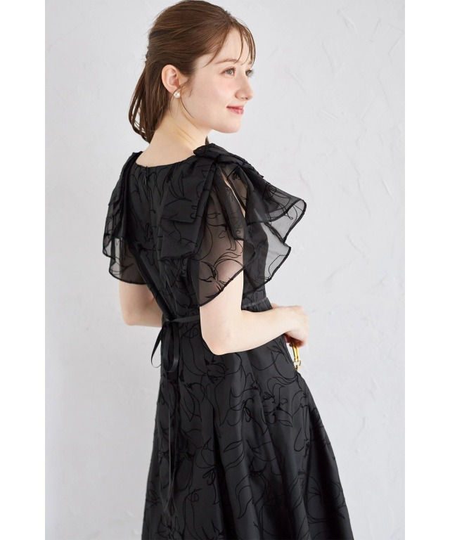 リボンラッフルスリーブラインフロッキーフラワーワンピース