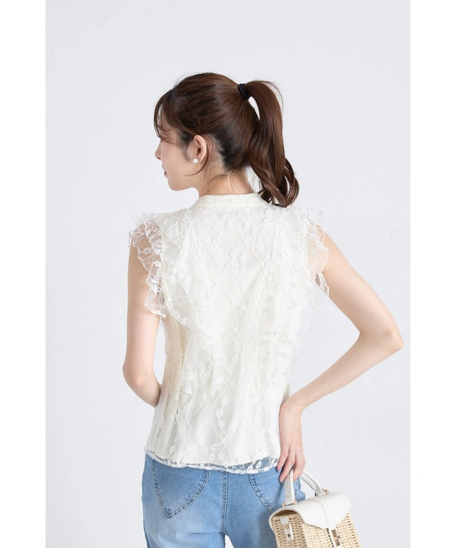 パール釦ラッフルフリルレースブラウス